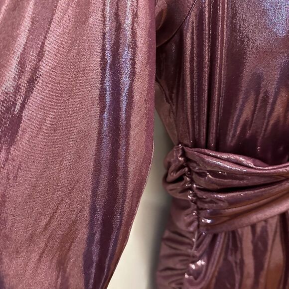 Gibiu Elegant Burgundy Metallic Shimmer Shiny Long Draped Dress Formal 1x-2x - Picture 4 of 8